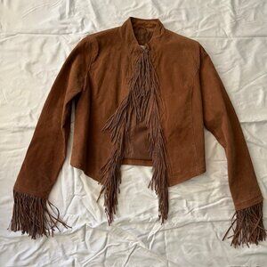 Vintage Cowgirl Western Fringe Leather Jacket Medium Brown Festival Boho